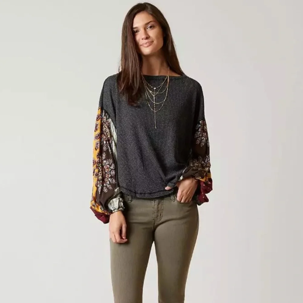 FREE PEOPLE We The Free Blossom Waffle Thermal Patchwork Paisley Sleeve top